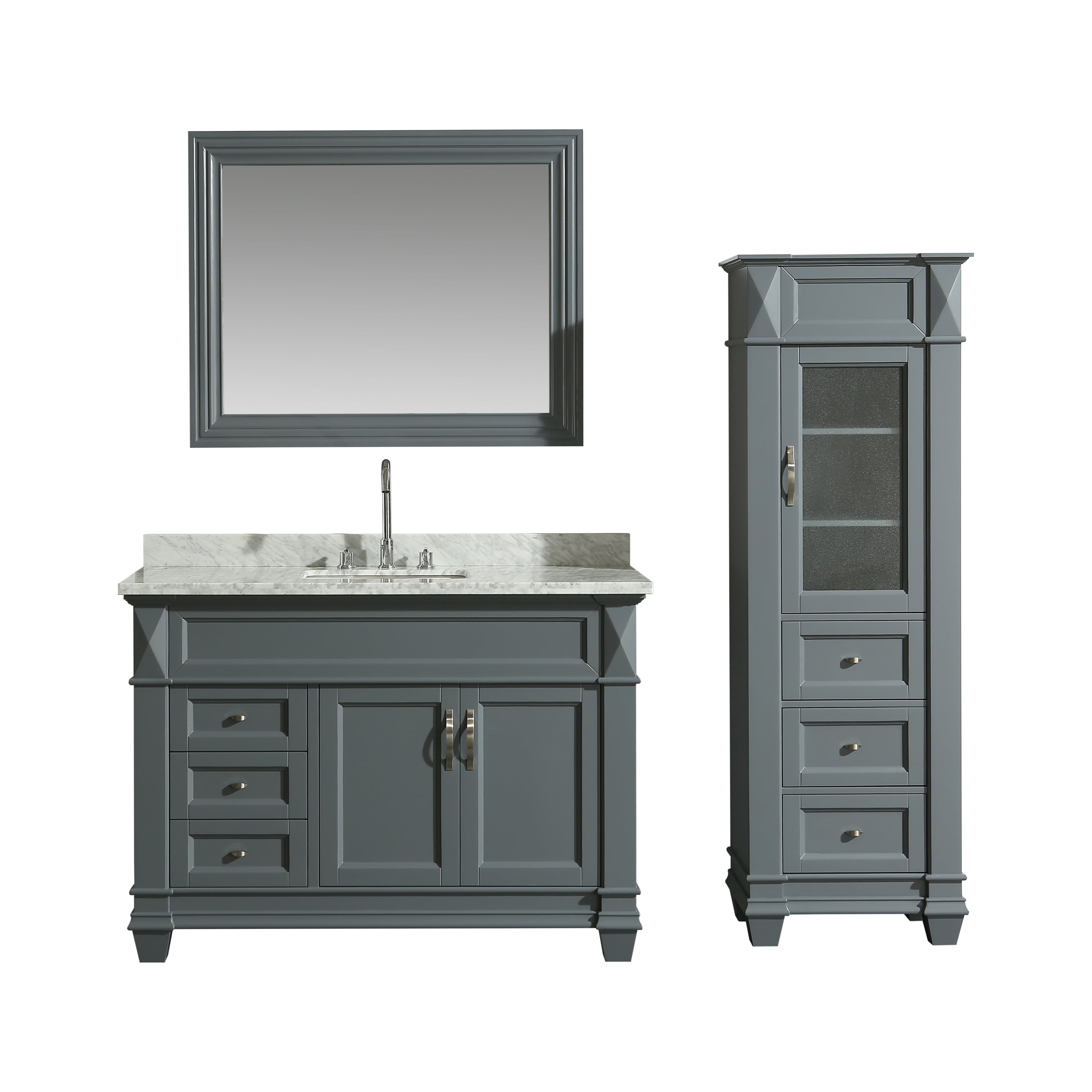 Design Element Hudson 48" Single Sink Bathroom Vanity Set in Gray with Carrara Marble Top and 65" Linen Tower