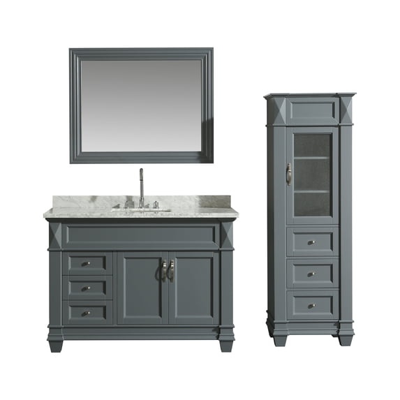 Design Element Hudson 48" Single Sink Bathroom Vanity Set in Gray with Carrara Marble Top and 65" Linen Tower