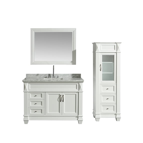 Design Element Hudson 48" Single Sink Bathroom Vanity Set in White with Carrara Marble Top and 65" Linen Tower Cabinet