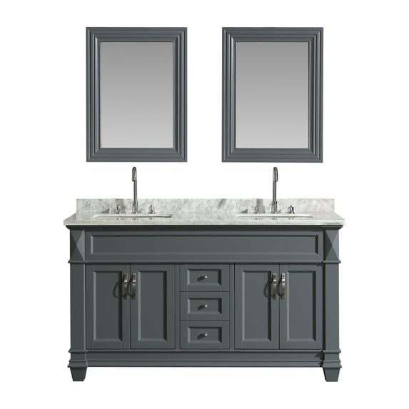 Design Element Hudson 61" Double Sink Bathroom Vanity Set in Gray with Carrara Marble Top and 65" Linen Tower Cabinet