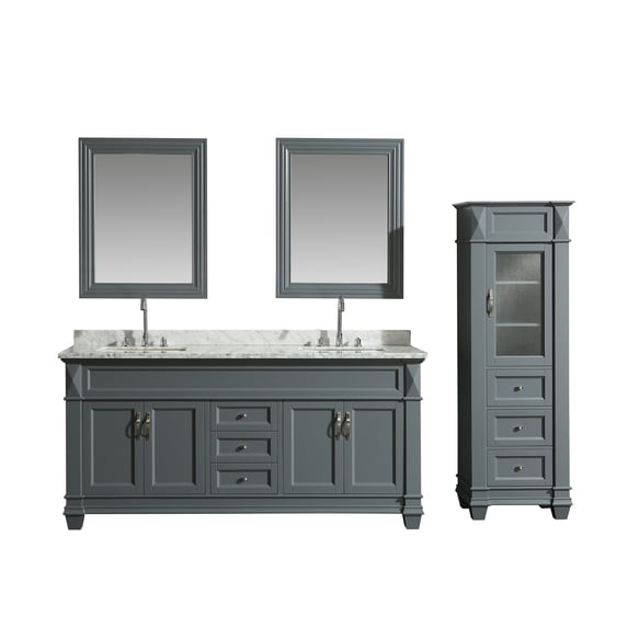 Design Element Hudson 72" Double Sink Bathroom Vanity Set in Gray with Carrara Marble Top and 65" Linen Tower
