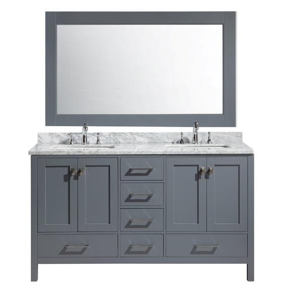 Design Element London 61" Double Sink Bathroom Vanity Set in Gray with Carrara Marble Top