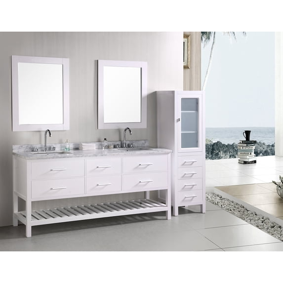 Design Element London 72" Double Sink Bathroom Vanity Set in White with Carrara Marble Top
