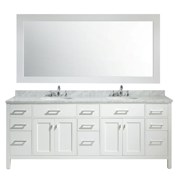 Design Element London 84" Double Sink Bathroom Vanity Set in White with Carrara Marble Top