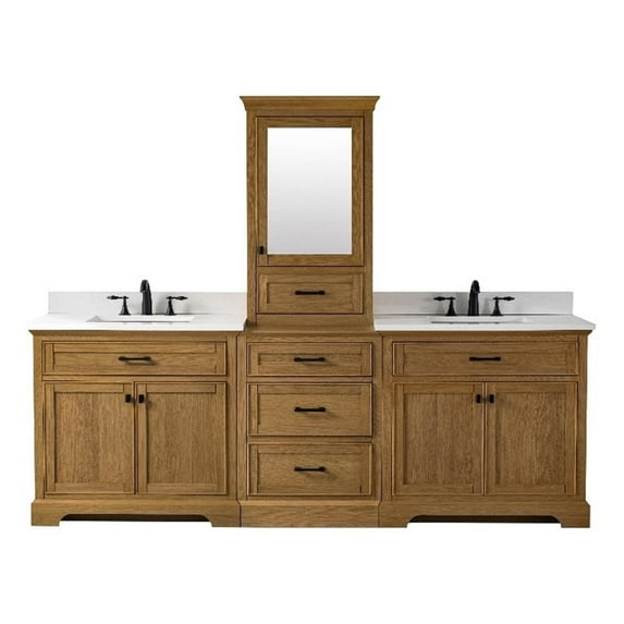 Design Element Milano 96" Modular Double Sink Oak Vanity with White Quartz Top