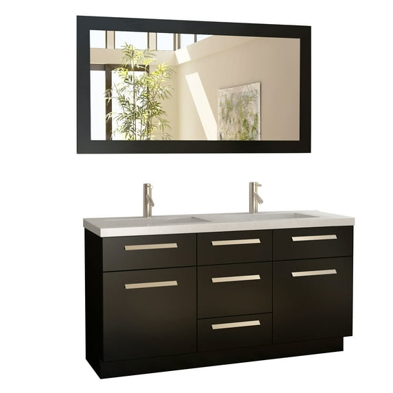 Design Element Moscony 60" Double Sink Bathroom Vanity Set in Espresso with White Sparkling Quartz Countertop