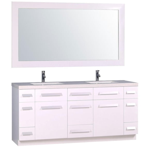 Design Element Moscony 72" Double Sink Bathroom Vanity Set in White with White Sparkling Quartz Countertop