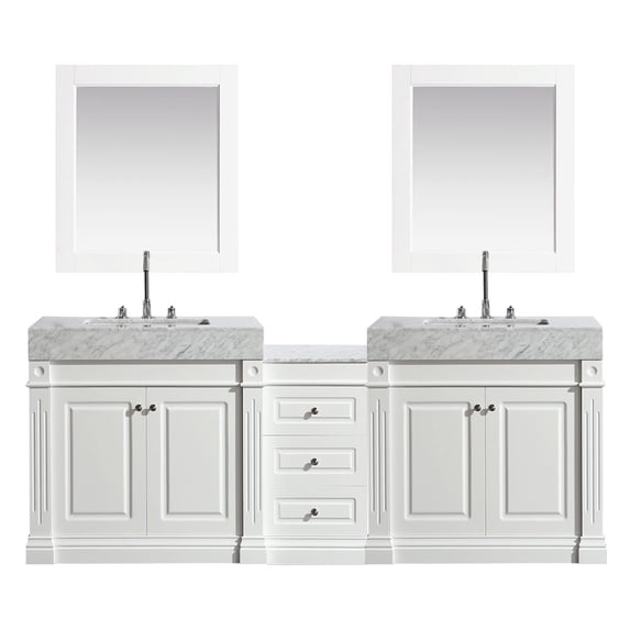 Design Element Odyssey 88" Double Ramp Sink Bathroom Vanity Set in White with Carrara Marble Top