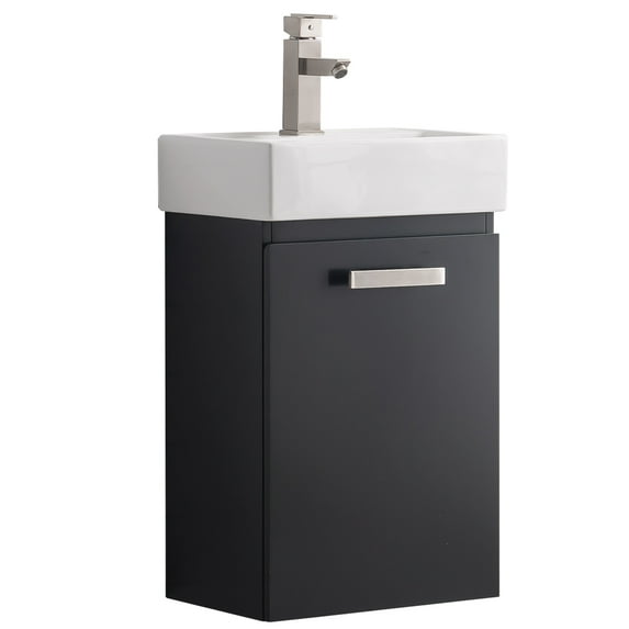 Design Element Stella 16.5” Bathroom Vanity in Black with Porcelain white Vanity Top Freestanding or Wall Mounted
