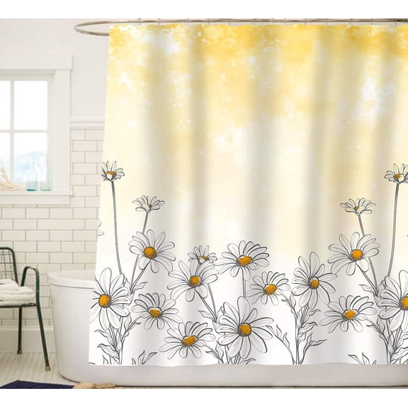 Design Flower Fabric Shower Curtains, Beautiful Daisy Blossom Bathroom Decor with Yellow Background