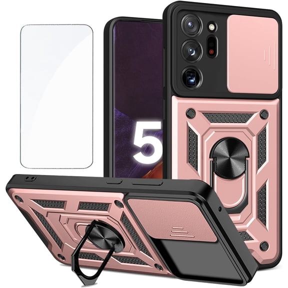 Design for Galaxy Note 20 Ultra 5G Phone Case with Screen Protector Ring Holder Kickstand Heavy Duty Shockproof Hybrid Rugged Protective Cover for Samsung Note20ultra Women Girls 6.9 inch Rose Gold