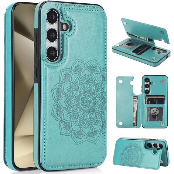 Design for Galaxy S24 5G Case with Credit Card Holder Slot PU Leather Wallet Phone Cases Stand Kickstand Durable Shockproof Protective Cover for Samsung S 24 Women Men 6.1 inch Green
