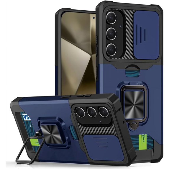 Design for Galaxy S24 FE Phone Case with Camera Lens Card Holder Stand Kickstand Heavy Duty Slim Shockproof Hybrid Rugged Drop Protective Cover for Samsung S24FE Women Men Blue
