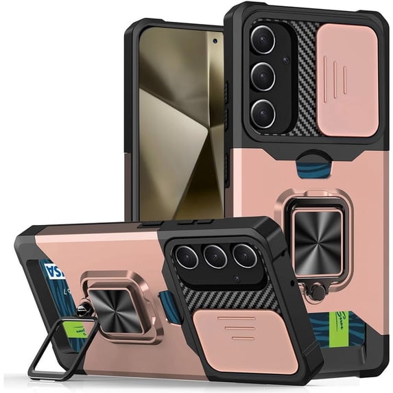 Design for Galaxy S24 FE Phone Case with Camera Lens Card Holder Stand Kickstand Heavy Duty Slim Shockproof Hybrid Rugged Drop Protective Cover for Samsung S24FE Women Men Rose Gold