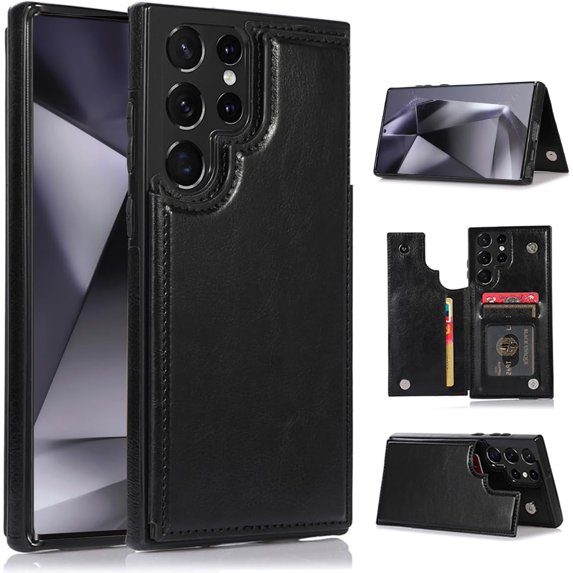 Design for Galaxy S24 Ultra Case with Credit Card Holder Slot PU Leather Wallet Phone Cases Stand Kickstand Durable Shockproof Protective Cover for Samsung S24U Women Men 6.8 inch Black