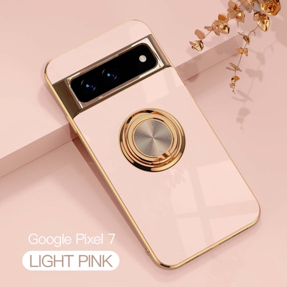 Design for Google Pixel 7 Case, Soft TPU Edge Plating 360 Degree Rotation Ring Holder Kickstand Protective Anti-Scratch Cover Magnetic Work with Car for Google Pixel 7,Light Pink