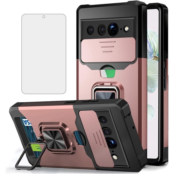 Design for Google Pixel 7 Pro Phone Case with Screen Protector Card Holder Stand Kickstand Heavy Duty Shockproof Hybrid Rugged Drop Protective Cover for pixel7pro 7pro Men Rose Gold
