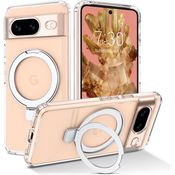 Design for Google Pixel 8 Magnetic Case with Stand [Compatible with Magsafe], Clear Full Body Protective Cover Slim Transparent Shockproof Phone Case for Pixel 8, Clear