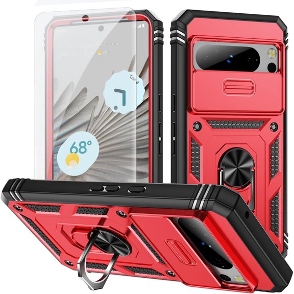 Design for Google Pixel 8 Pro Phone Case with Screen Protector Ring Holder Kickstand Heavy Duty Rugged Shockproof Military Grade Bumper Protective Cover for Women Men Girls 6.7 inch Red