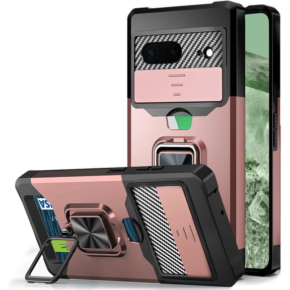 Design for Google Pixel 8a Phone Case with Camera Lens Card Holder Stand Kickstand Heavy Duty Shockproof Hybrid Rugged Drop Protective Cover for pixel8a google8a Women Rose Gold