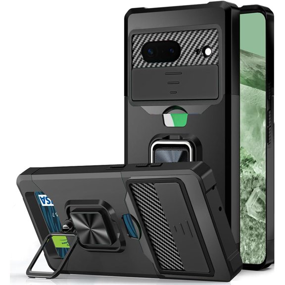 Design for Google Pixel 8a Phone Case with Camera Lens Card Holder Stand Kickstand Heavy Duty Shockproof Hybrid Rugged Drop Protective Cover for pixel8a google8a Women Men Black