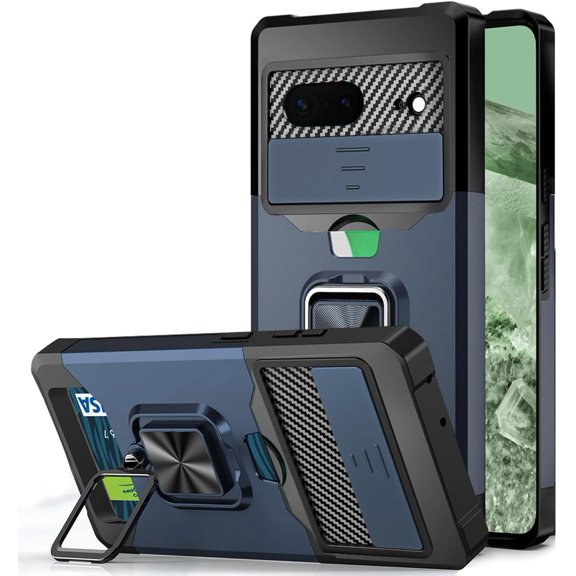 Design for Google Pixel 8a Phone Case with Camera Lens Card Holder Stand Kickstand Heavy Duty Shockproof Hybrid Rugged Drop Protective Cover for pixel8a google8a Women Men Girls Blue