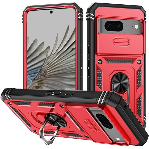 Design for Google Pixel 8a Phone Case with Camera Lens Ring Holder Kickstand Heavy Duty Rugged Shockproof Military Grade Bumper Protective Cover for Women Men Girls 6.1 inch Red