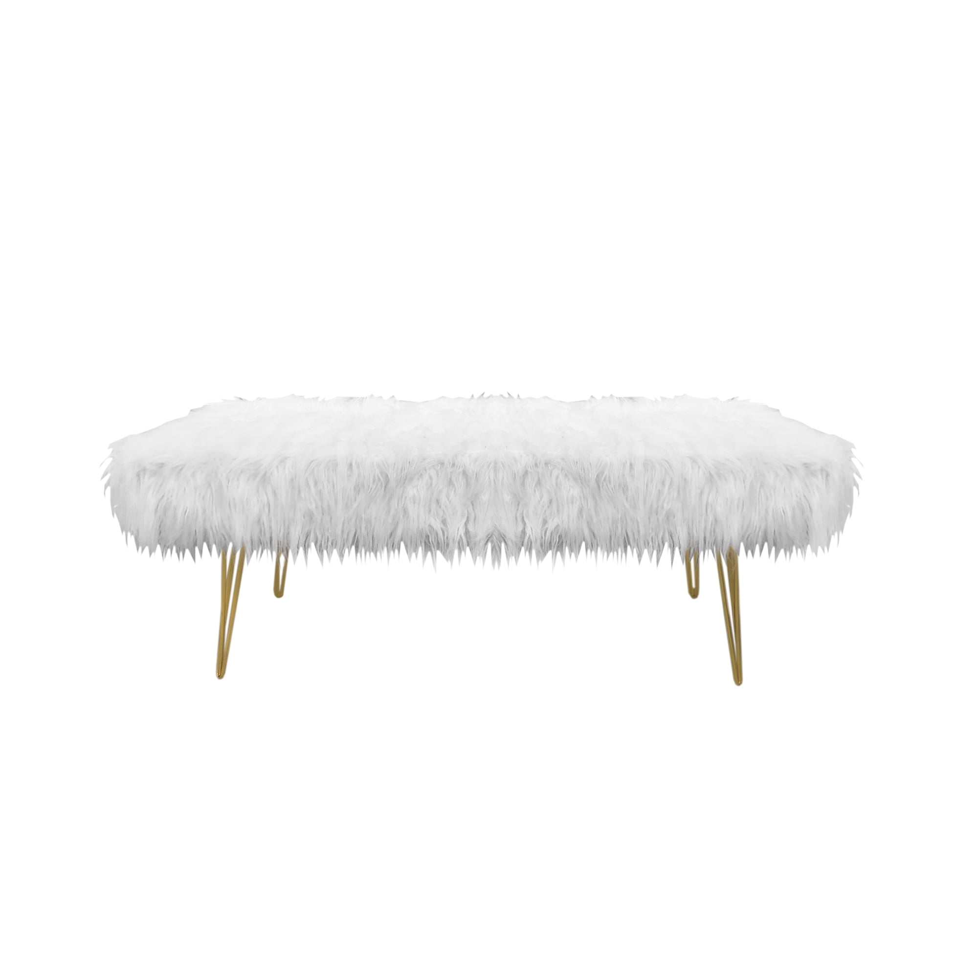 Design Guild White Faux Fur Bench with Gold Metal Legs