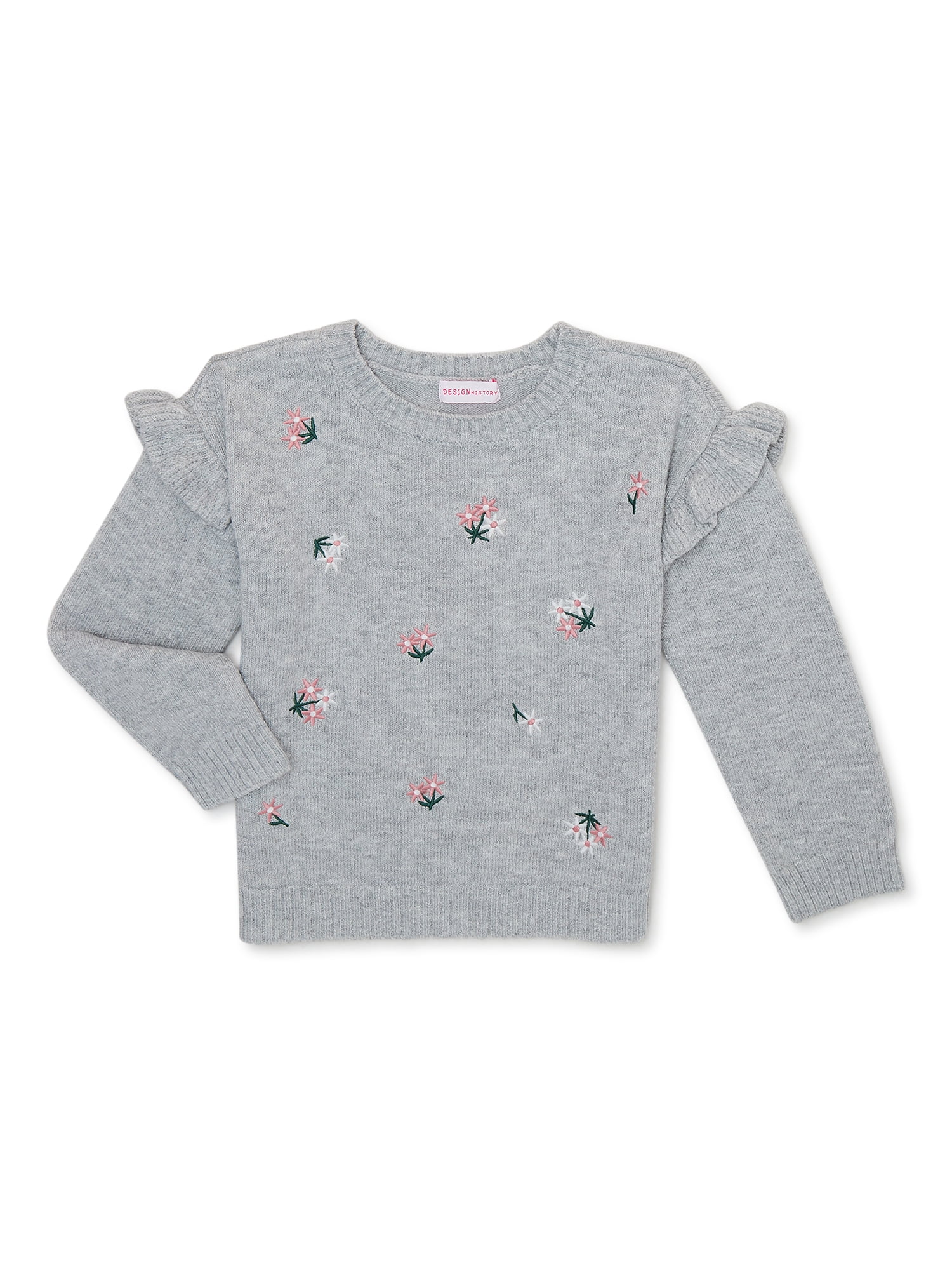 Design History Toddler Girls Embroidered Floral Sweater with Flutter Sleeves, Sizes 2T-5T