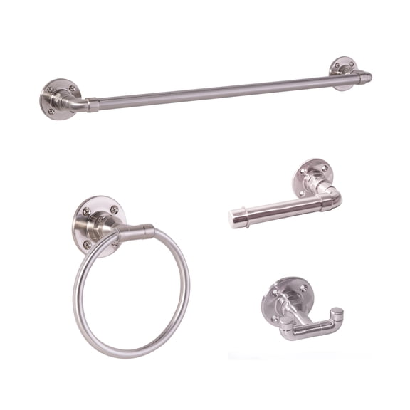 Design House Kimball 4-Piece Satin Nickel Bathroom Accessory Kit with Towel Bar, Towel Ring, Toilet Paper Holder, and Robe Hook