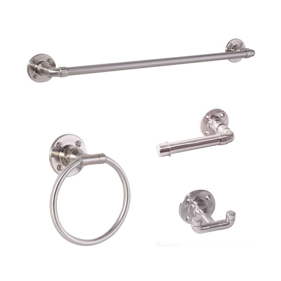 Design House Kimball 4-Piece Satin Nickel Bathroom Accessory Kit with Towel Bar, Towel Ring, Toilet Paper Holder, and Robe Hook