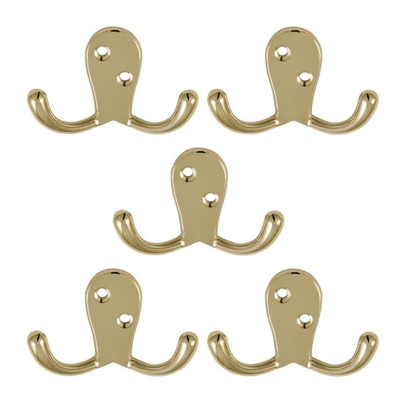 Design House 5-Pack Double Hat, Coat, or Towel Hooks, Polished Brass