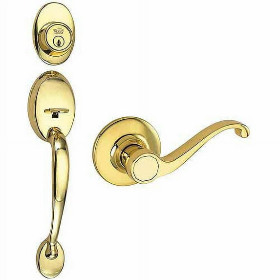 Design House 512418 Coventry 2-Way Latch Door Handle Set with Lever, Handle and Keyway, Polished Brass Finish