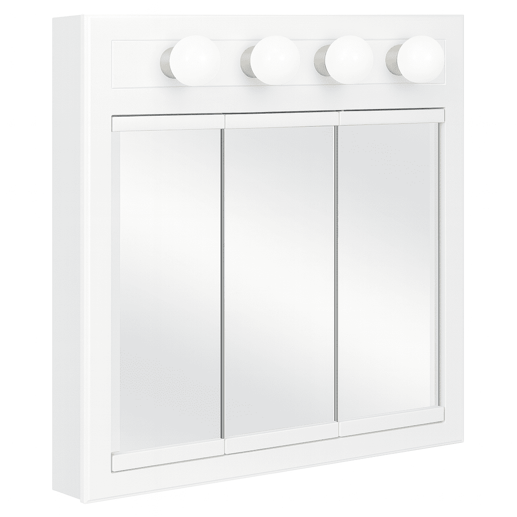 Design House 30" Wood Wall Mounted 4-Light Tri-View Mirrored Bathroom Cabinet, White