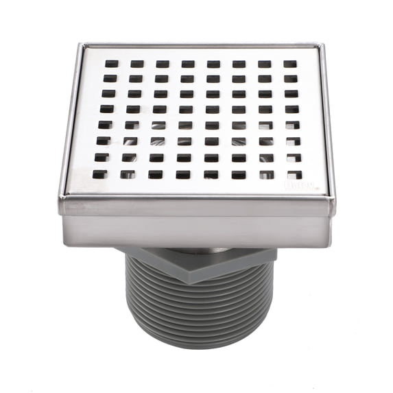 Stainless Steel 4 in. Square Shower Drain, Geometric Square Grate, 304 Stainless Steel, Debris Basket Included