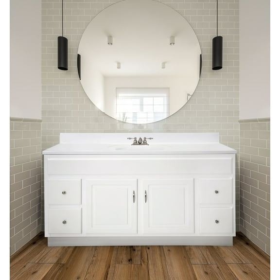 Design House 586446 Concord 2-Door 4-Drawer Bathroom Vanity with Cultured Marble 4 in. Centerset Solid White Top, Unassembled, 61x22, White