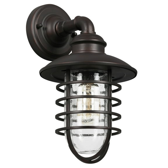 Design House 588970-BRZ Stevenson Rustic Industrial 1-Light Outdoor Dimmable Wall Light w/ Clear Seedy Glass & Metal Wire Shade, Bronze