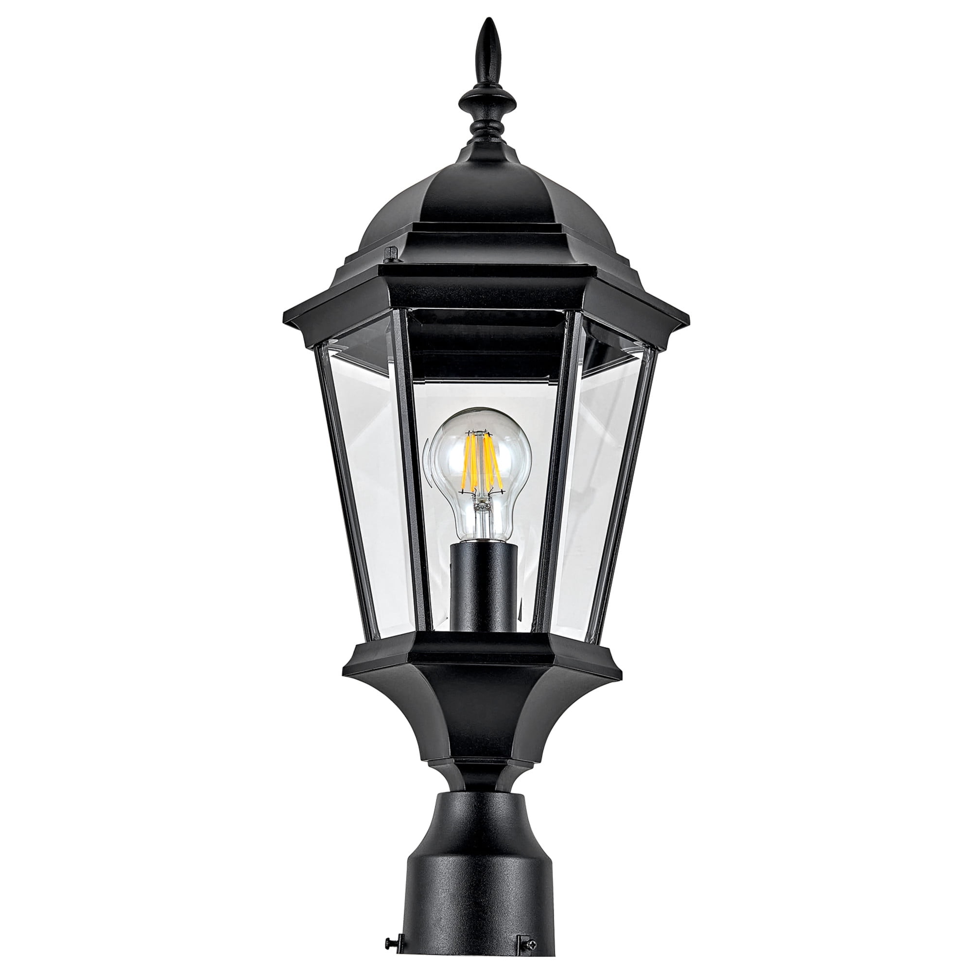Textured Black Oak Creek Outdoor Post Top Light, Traditional 6-Panel Clear Beveled Glass, Wet Rated