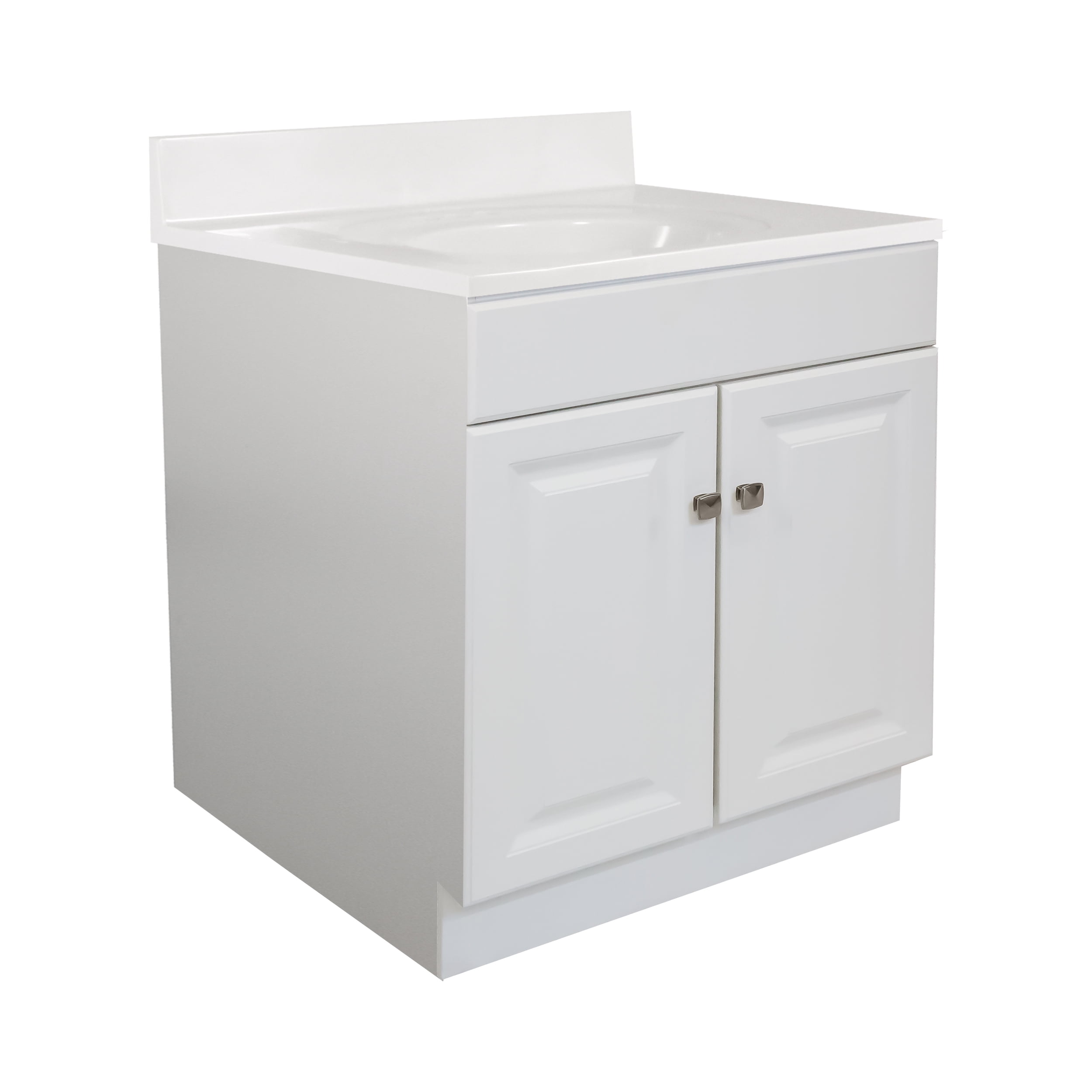 White Cultured Marble Freestanding Bathroom Vanity with Satin Nickel Knobs