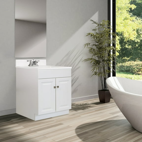 Design House 591214 Wyndham 2-Door Bathroom Vanity with Cultured Marble 4" Centerset Solid White Vanity Top, Unassembled, 31x19, White