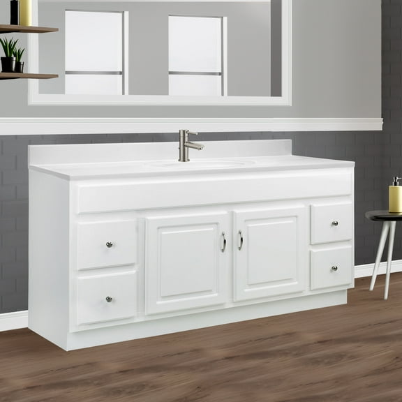 Concord 61 Inch Solid Wood Bathroom Vanity with Top, Ready to Assemble, White – Design House, 592774