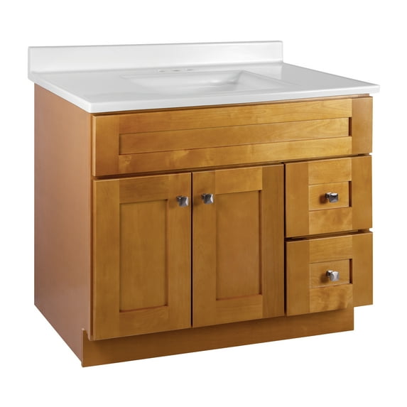 Design House Brookings 37" Ready to Assemble Shaker 2-Door 2-Drawer Bath Vanity with Cultured Marble 4" Centerset Top, Modern Birch/White