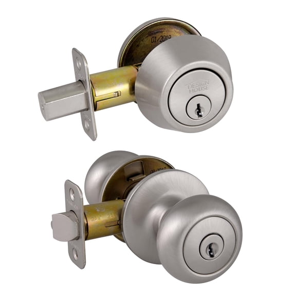 Design House Cambridge Entry Knob and Single Cylinder Deadbolt Combo, Satin Nickel