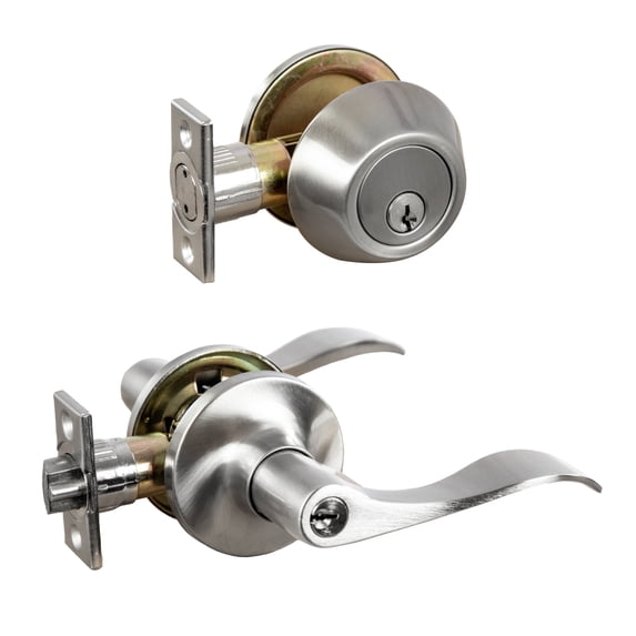 Satin Nickel Entry Door Lever and Single Cylinder Deadbolt Combo, 6-Way Universal Fit