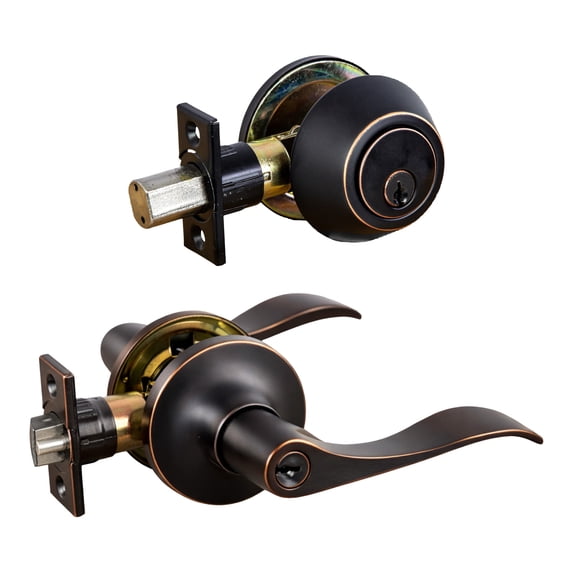 Oil Rubbed Bronze Entry Door Lever and Single Cylinder Deadbolt Combo, 6-Way Universal Fit