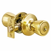 Polished Brass Keyed Entry Door Knob, Front and Back Door, 6-Way Universal Fit