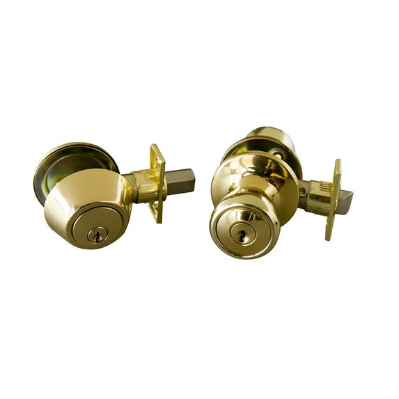 Design House Terrace 6-Way Universal Entry Door Knob and Single Cylinder Deadbolt, Polished Brass