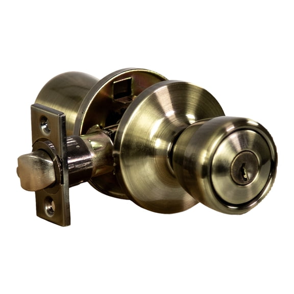 Antique Brass Keyed Entry Door Knob, Front and Back Door, 6-Way Universal Fit