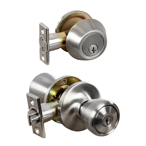 Satin Nickel Entry Door Knob and Single Cylinder Deadbolt Combo, 6-Way Universal Fit