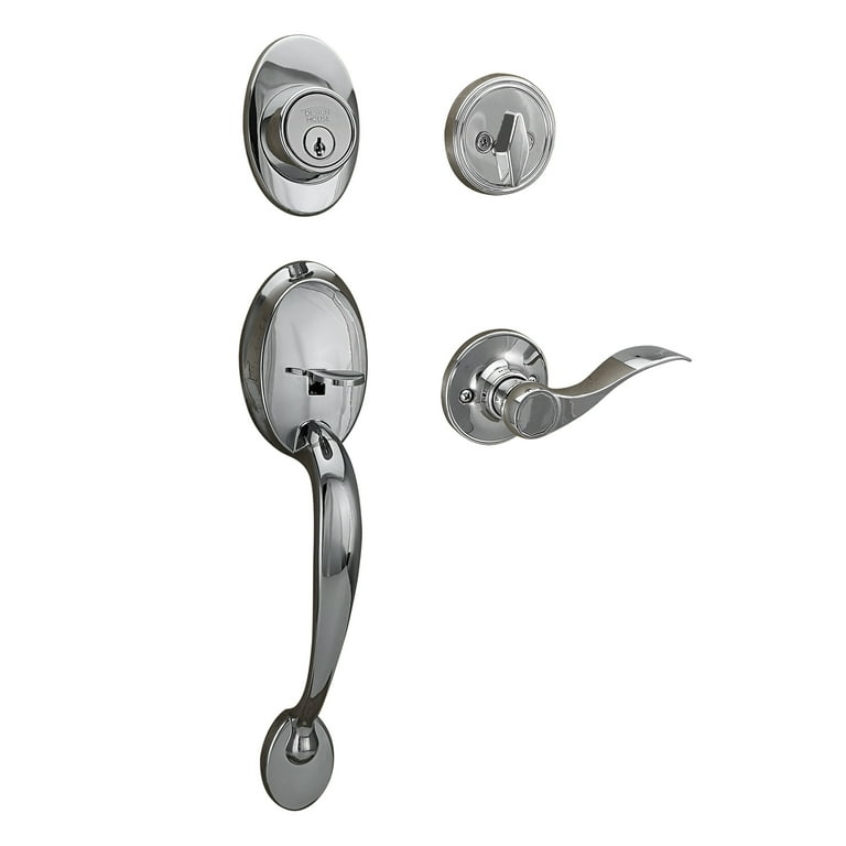 Design House Coventry Satin Nickel Door Handleset with Scroll Lever Interior and Single Cylinder Deadbolt Design House Coventry Satin Nickel Door Handleset with Scroll Lever Interior and Single Cylinder Deadbolt